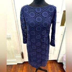 trina turk navy lace dress Trina Turk Lace Overlay Navy Blue Mini Dress Bell 3/4 Sleeve Sz 4 Holidays